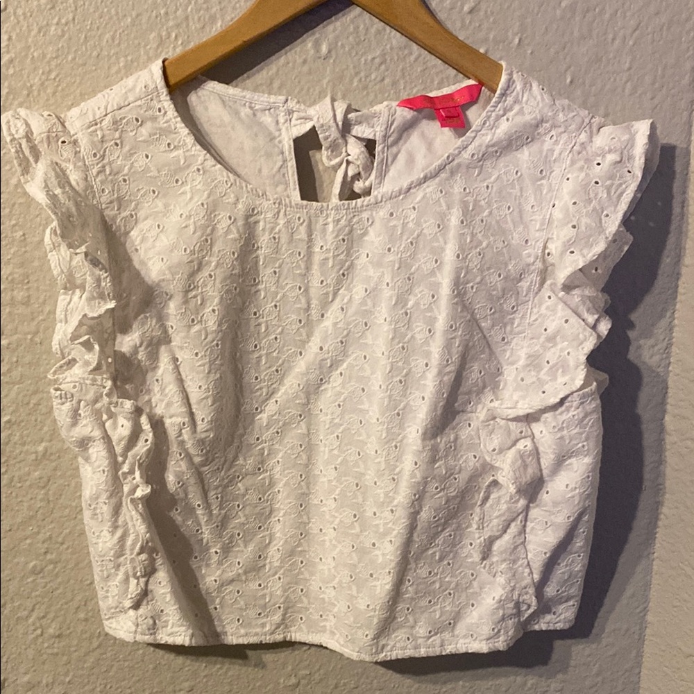 Lilly Pulitzer White Alpinia Fish Eyelet Ruffle Sleeve Cropped Top